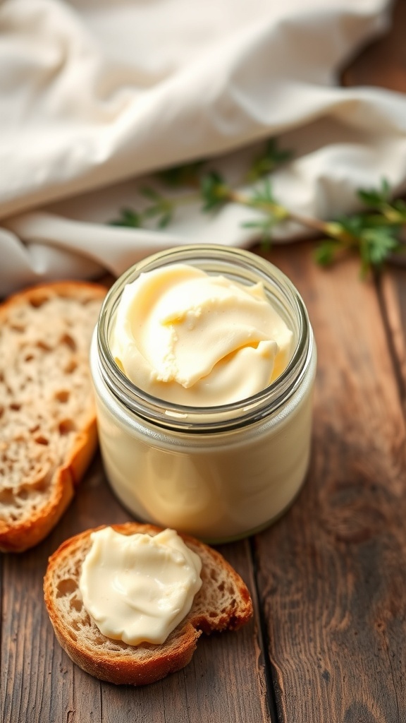 Homemade Butter Jar Recipe A jar of homemade butter on a wooden table with a slice of bread and herbs.